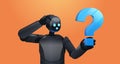 frustrated black robot cyborg holding question mark help support service FAQ problem artificial intelligence