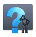frustrated black robot cyborg standing near question mark help support service FAQ problem artificial intelligence