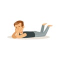Frustrated boy character lying on his stomach on the floor vector Illustration