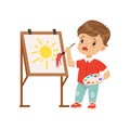 Frustrated boy stained the picture with blotch, boy painting sun on an easel vector Illustration on a white background