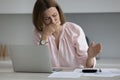 Frustrated broke business woman, entrepreneur, homeowner crying over calculator Royalty Free Stock Photo