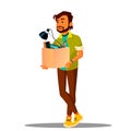 Frustrated Business Loser Leaves Office With A Box Of His Belongings Vector. Isolated Illustration