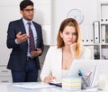 Frustrated business woman with angry chief Royalty Free Stock Photo