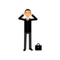 Frustrated businessman character holding his head in hands vector Illustration