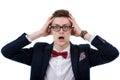 Frustrated businessman in eyeglasses touching his head Royalty Free Stock Photo