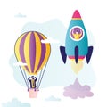 Frustrated businessman flies in big hot air balloon. Spaceship with successful entrepreneur overtakes competitor Royalty Free Stock Photo