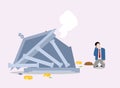 frustrated businessman look at collapsing bank flat cartoon vector