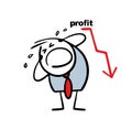 Frustrated businessman sobbing loudly, tears flowing. Vector illustration of loser man in business suit and red arrow