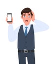 Frustrated businessman in vest suit showing mobile, cell or smartphone. Shocked trendy person holding hand on head. Male character