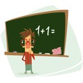 Frustrated cartoon pupil school kid stressed in front of blackboard