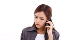 Frustrated, disappointed business woman using smartphone