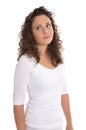 Frustrated and disappointed young woman isolated in white shirt.