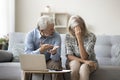 Frustrated elderly couple arguing about financial problems at laptop