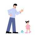 Frustrated father screams at little daughter over a broken cup isolated on white background.