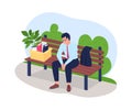 Frustrated fired man sitting on bench 2D vector web banner, poster