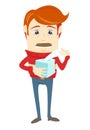 Frustrated hipster character holding a paper tissue for a cold w
