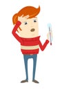 Frustrated hipster character holding a thermometer with high temperature wearing sweater. Flat style