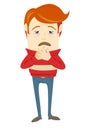 Frustrated hipster character with a sore throat and cough wearing sweater. Flat style