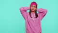 Frustrated irritated girl covering ears, avoiding advice ignoring unpleasant noise loud voices Royalty Free Stock Photo