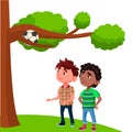 Frustrated Kids Look At The Ball Stuck In The Branches Of Tree Vector Flat Cartoon Illustration