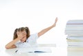 Frustrated little schoolgirl feeling a failure unable to concentrate in reading and writing difficulties learning problem Royalty Free Stock Photo