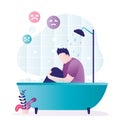 Frustrated man sitting in bath. Guy experiences different negative emotions. Depressed male character sitting under shower Royalty Free Stock Photo