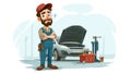 Frustrated Mechanic with Broken Car Engine in Workshop Royalty Free Stock Photo