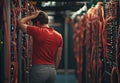 Frustrated network technician troubleshooting server issues in data center Royalty Free Stock Photo