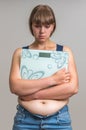 Frustrated overweight woman with scales