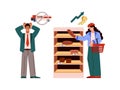 Frustrated people in supermarket cannot afford buying bread, flat vector illustration isolated on white.