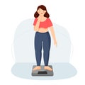 Frustrated plump woman stands on the scales and thinks. Excess weight.