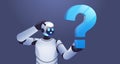 frustrated robot cyborg holding question mark help support service faq problem artificial intelligence technology