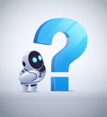 frustrated robot cyborg standing near question mark help support service FAQ problem artificial intelligence