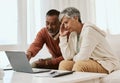 Frustrated senior couple, laptop and financial crisis in debt, mistake or discussion on expenses or bills at home