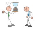 Frustrated stickman boss holding finished hourglass and shouting at employee, stickman employee is very upset, deadline is over