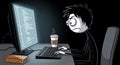 Frustrated Stickman Programmer Coding at Desk with Coffee and Snacks in Dark Room Illustration Royalty Free Stock Photo