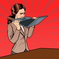 Frustrated Stressed Business Woman Biting Laptop in Office. Pop Art