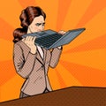 Frustrated Stressed Business Woman Biting Laptop in Office. Pop Art Royalty Free Stock Photo