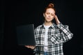 Frustrated tired young woman student having severe headache while working by laptop computer Royalty Free Stock Photo