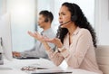 Frustrated woman, call center and consulting on computer in customer service, support or telemarketing at the office