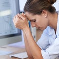 Frustrated woman, computer and stress in office for bankruptcy risk, stock market crash and financial crisis. Worried Royalty Free Stock Photo