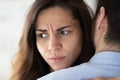 Frustrated woman hugging man having no power to forgive cheating