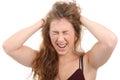 Frustrated woman pulling her hair, on white Royalty Free Stock Photo