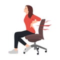 Frustrated woman suffering from back pain, massaging loins, sitting on uncomfortable office chair at workplace