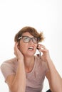 Frustrated woman using smart cell phone, Royalty Free Stock Photo
