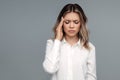 Frustrated businesswoman suffer from headache or migraine tired feeling bad from stress or overwork Royalty Free Stock Photo