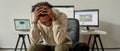 Frustrated young guy, trader holding head, feeling depressed about debt after stock market business failure, sitting at