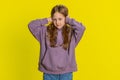 Frustrated young school girl kid covering ears ignoring unpleasant noise loud voices avoiding advice Royalty Free Stock Photo