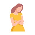 Frustrated Young Woman in Yellow Dress Standing with Folded Hands Flat Vector Illustration