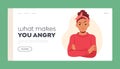 Frustration, Annoyance And Anger Landing Page Template. Angry Female Character with Frown Face, Furrowed Eyebrows